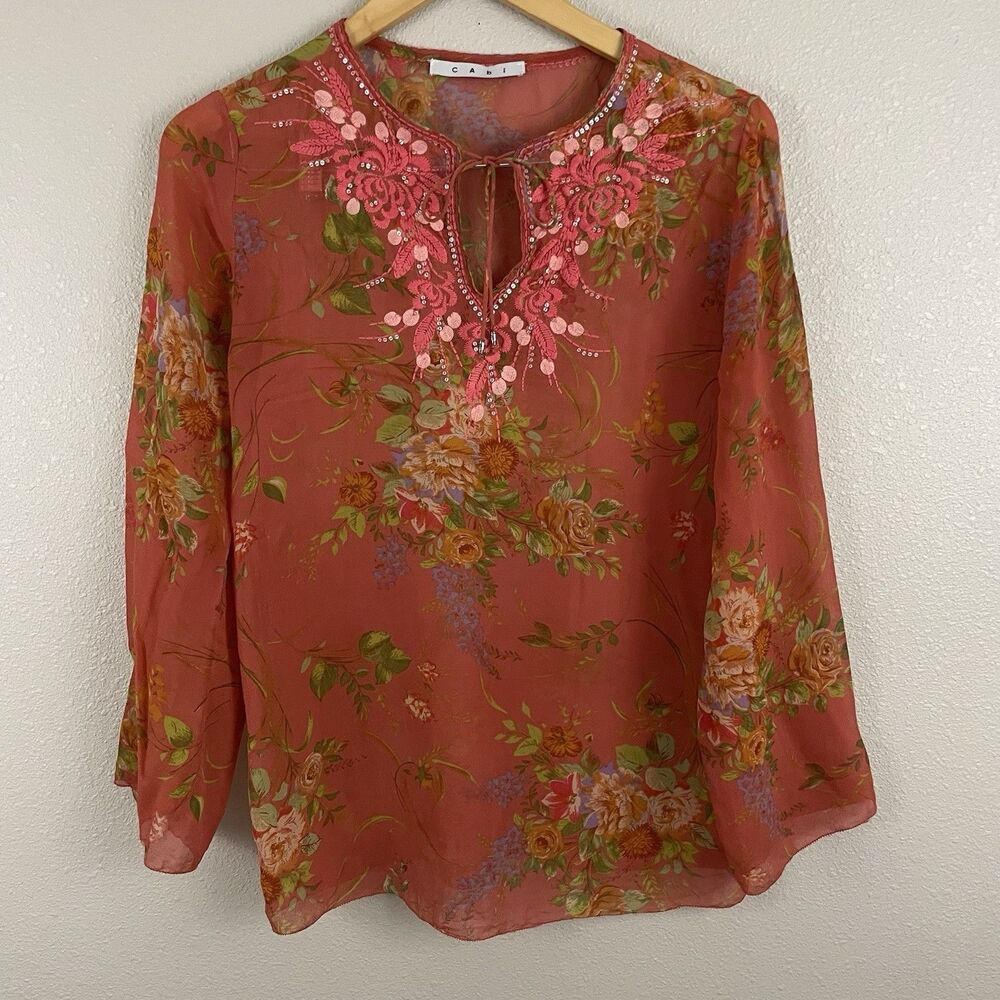 Cabi Womens S 100% Silk Floral Embroidered Sequin Blouse